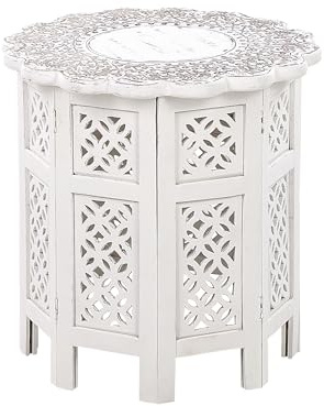 Beliani Beistelltisch aus Mangoholz weiß ⌀ 44 cm eckig Vintage rustikal Verzierung Badhi