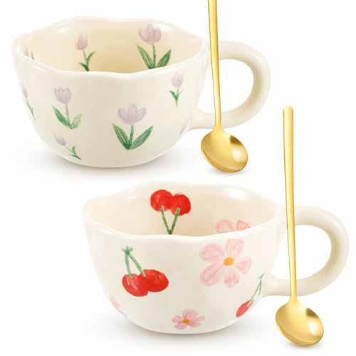 Vesici 2 Pcs Ceramic Coffee Mugs with Spoon, Vintage Floral Spring Mugs with Handle, 8.5 oz Aesthetic Flower Porcelain Tea Cup Set, Dishwasher & Microwave Safe for Home Office Gift(Cute)