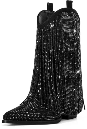 Ouepiano Black Cowboy Boots for Women - Black Cowgirl Rhinestone Boots with Sparkly Fringe Pointed Toe Western Boot Chunky Heel Pull-On Wide Calf Botas Vaqueras Size 9.5