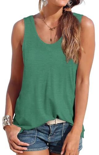 DUOEASE Elegant Camisetas de Tirantes Mujer Cuello Crew Moda Camiseta Sin Mangas Clásico Verano Tshirt-Verde-L