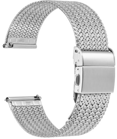 WOCCI 20mm Elite Uhrenarmband aus Metall für Damen und Herren, Gewebtes Mesh Armband, 316L Edelstahl, Schnellverschluss, Faltschließe (Silber)