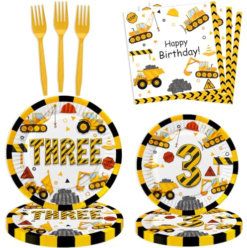 Letromp 80 Pcs Construction 3rd Birthday Decorations Construction Three Years Old Disposable Paper Dinner Plates Napkins Forks Dinnerware for Dump Truck Theme 3rd Bday Party Supplies Decorations