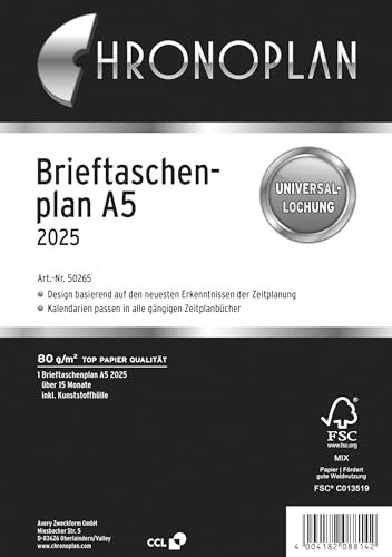Chronoplan 50265 Kalendereinlage 2025 (Brieftaschenplan A5 (156x210mm) Ersatzkalendarium für Terminplaner, Monatsplaner für 15 Monate, 1 Monat auf 1 Seite zum Aufklappen, mit Universallochung) weiß