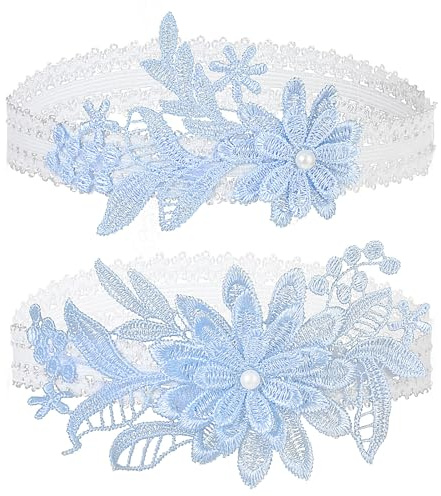 Mabor Lot de 2 porte-jarretelles bleues pour mariée, porte-jarretelles pour mariage, bal de fin d'année, porte-jarretelles extensibles en dentelle florale avec fausses perles, bleu, 41 cm