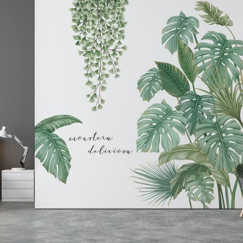 KHDULQ Feuilles Tropicales Vertes Autocollant Mural Nature Plante, 2 Pièces Stickers Muraux Jungle pour Chambre Salon Bureau Mur TV Couloir