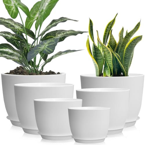 Duscdesp 18/16/14/13/11/10CM Plant Pots Indoor Outdoor 6 Pcs Plastic Plant Pots,Large Plant Pot Indoor with Drainage Holes and Tray,Plants Flower Pot for Home Garden(White)