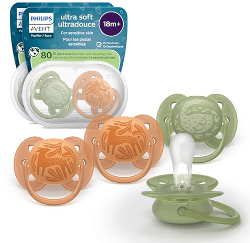 Philips Avent Ultra Soft Pacifiers - Orthodontic Design, for Babies 18 Months+, Flexible Shield, Extra-Firm Silicone Symmetrical Nipple, BPA-Free, with 2 Sterilizing Cases, 4 Pack, SCF093/07