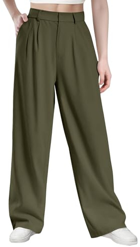Glacspyg Pantalones de Ocio de Cintura Alta para Mujer Otoño e Invierno Tejido de poliéster y Elastano de Alta Densidad Pantalones de Trabajo Elegantes y Lisos con Bolsillos Verde Militar XS