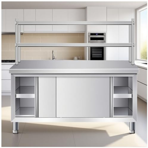 NQNFWCRJ Cucina con Tavolo da Lavoro Armadio in Acciaio Inossidabile Rinforzato Piano di Lavoro Commerciale con Tagliere Altezza 140 Centimeters