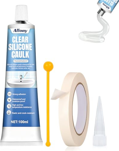 ALLONY Silicone per Doccia, Silicone Trasparente, Silicone Sigillante Impermeabile, silicone Alimentare per Bagno, Doccia, Cucina, Bicchiere, Interni Ed Esterni, Fughe Piastrelle, 100ML