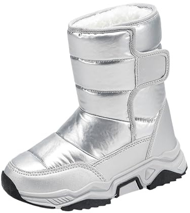 Childrens Winter Snow Boots Padded Warm Waterproof Snow Booties Boys Girls Outdoor Hiking Ski Chunky Sole Shoes Fleece Lined Thermal Walking Shoes (Silver, 13 Little Child)