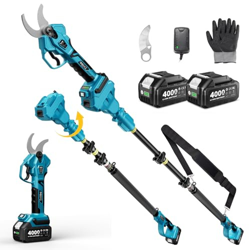 SEESII Secateur Electrique Sans Fil Avec Perche Telescopique, Coupe 45 mm | Design 2-en-1, 2 Batteries 4,0Ah, Portee Totale 4,5m, Lame SK5, Moteur Sans Balais, Pour Jardin Et Verger Professionnel