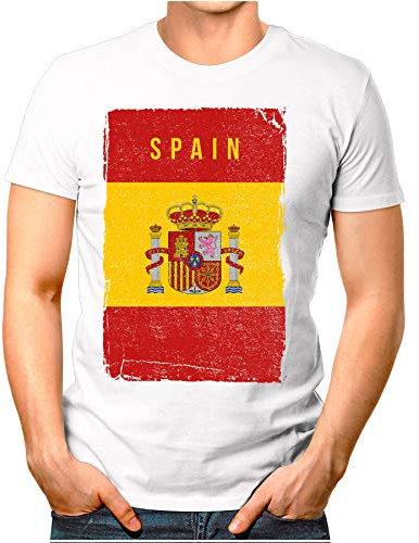 OM3® - Spain-flagga vintage – herr t-shirt | España Spanien flagga fotboll fotboll fanshirt sport tröja | S – 4XL, Vit, XL