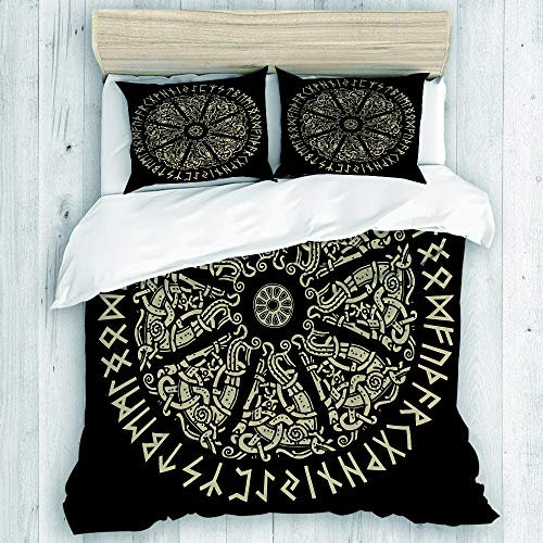 DAHALLAR Bettwäsche-Set,Mikrofaser,Mythologie-weißes nordisches altes skandinavisches Schild Viking Runes Black Emblem Round,1 Bettbezug 135x200 + 2 Kopfkissenbezug