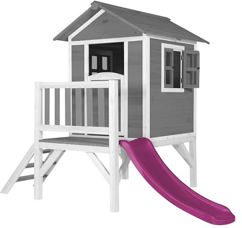 AXI Beach Lodge XL Casetta per giochi grigia con scivolo viola | Casa per bambini su palafitte con veranda in legno FSC | Piccole attrezzature da gioco per il giardino.