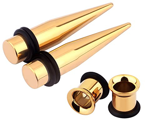 Awinrel 1g 7mm 316L Surgical Steel Ear Tapers Stretching Kit and Flesh Tunnels Gauges Plugs for Ears Women Men Piercing Jewelry 2 pairs (1g (7mm), Gold)
