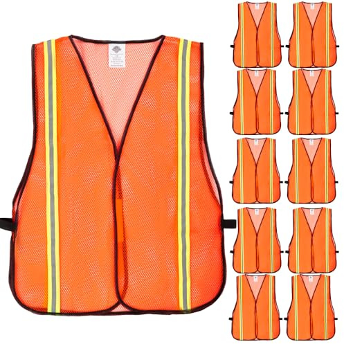 Dazonity Safety Vests,10pcs,Mesh,High Visibility Reflective Strips, Fit for Men & Women, Work, Construction,Surveyor, Parking,Warehouse,Volunteer, Crossing Guard, Road