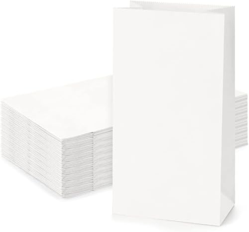 Stora vita papperspåsar för mellanmål takeaway brödförpackning, 15 x 9 x 28 cm matkassar smörgås detaljhandel presentförpackning för shopping fest hantverksprojekt, 50-pack
