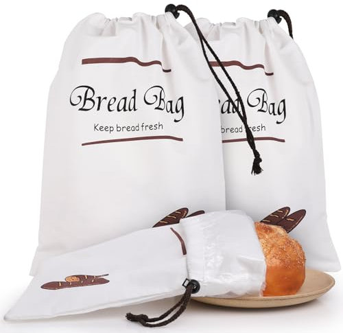 GeeRic Bread Bags 2 Pack, Linen Bread Bag for Homemade Bread, Reusable & Breathable Bread Storage Bags Baguettes, and Pastries Natural Linen, Drawstring Closure (17 × 13”) White