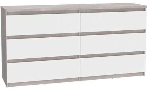 FORTE Chelsea weiße Kommode 150 160, Moderne Kommode mit 6 Schubladen, Sideboard weiß, Weiß/Betonoptik Holzdekor, 154 cm breit x 79,9 cm hoch x 42,2 cm tief