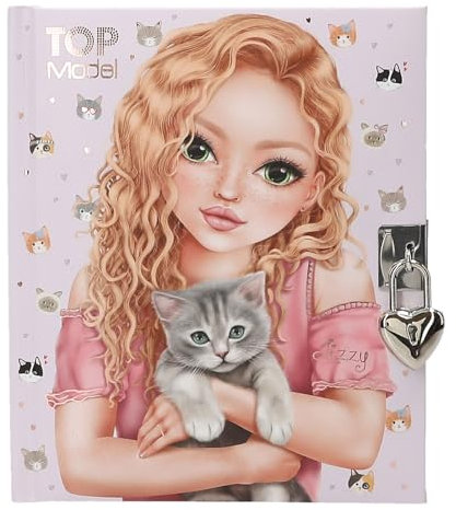 Depesche 13569 TOPModel Kitty and Doggy-Agenda con Cerradura y Llave de corazón, Libro en Color Morado, con Motivo de Modelo, Estampado de Gato y 192 páginas rayadas, Multicolor, 1 Piece