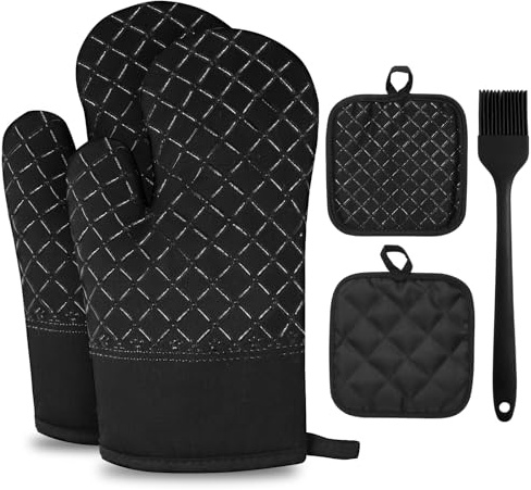 Ofenhandschuhe Topfhandschuhe 5er Set, Hitzebeständige Rutschfester Silikon Topfhandschuhe, Kochhandschuhe für Küche, Backen,BBQ (Black)
