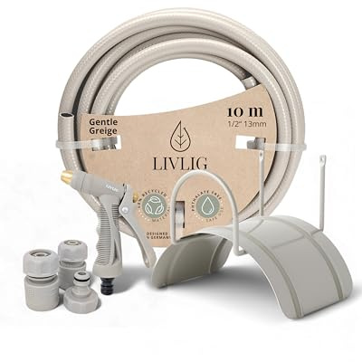 LIVLIG Juego de manguera de jardín de 10 m, manguera de agua de 1/2 pulgadas con soporte de pared y pistola (3 modos de pulverización), manguera de riego con acoplamientos, longitud: 10 metros