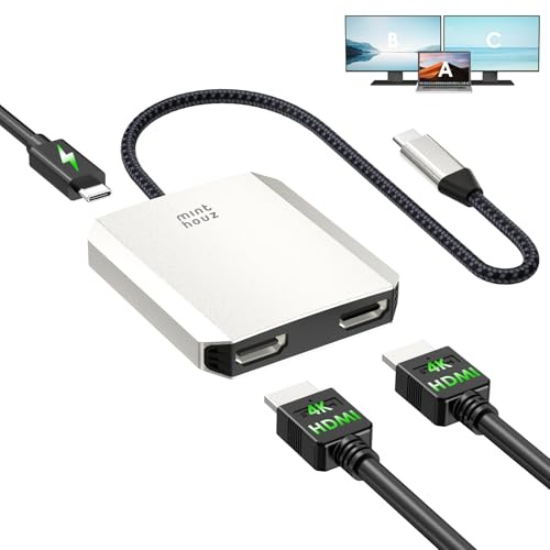 Minthouz USB C auf HDMI Adapter, 4k@60hz Dual HDMI Splitter mit 95 W PD, 3 in 1 Multiport Adapter für MacBook/Chromebook Pixel/Lenovo/Surface/Dell/HP/LG/iPad/Laptop/TV/Monitor(MST nur für Windows)