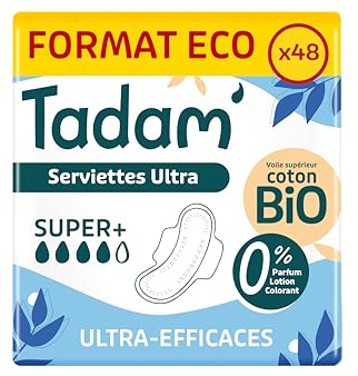 TADAM’ - Serviettes Hygiéniques Dermo-Sensitives - Protections Hygiéniques Femme Ultra Fines avec Ailettes - Flux Super - Extra Absorbantes - A base de Coton Bio - Confort Jour et Nuit