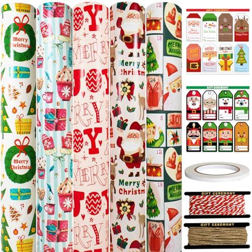 HaloCasa Papier Cadeau de Noël - Set de 5 Rouleaux Papier Kraft à Motifs Colorés (43cm x 3m) avec Étiquettes Cadeau et Ficelle de Jute - pour Calendrier de l'Avent et Emballages Cadeaux