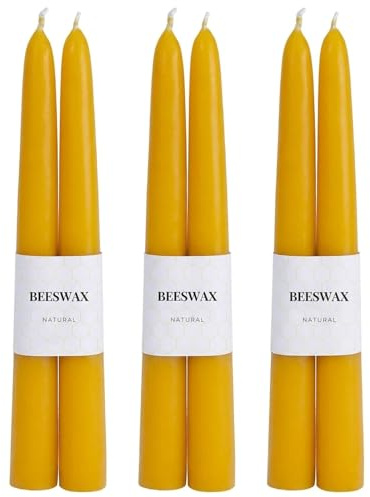 6Pcs Beeswax Taper Candles, 9'' Yellow Dripless & Smokeless Dinner Candles Long Burning Time,10H