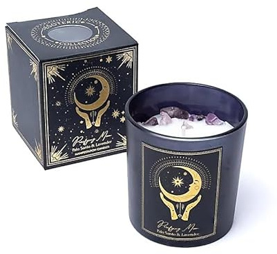 XdeliX Manifestationsljus rengöring måne i glas – doft Palo Santo & lavendel – brinntid ca 20 timmar – doftljus med ädelsten ametist, eteriska oljor, soja och palmvax – ritualljus för och måne