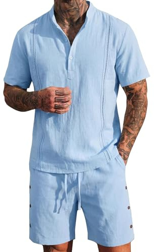Floracle Herr går ut kläder bomull linne ståkrage sommar skjorta knapp och vardagliga shorts med fickor elastisk midja och dragsko träningströjor set kläder för sommarpromenader, BLÅ, 3XL