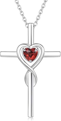 FANCIME Croce Ciondolo Collana Infinito Cuore Gioielli per Donna in Argento 925 Placcato Oro Bianco con Vera Granato Naturale - Catena Lunghezza: 40 + 5 cm