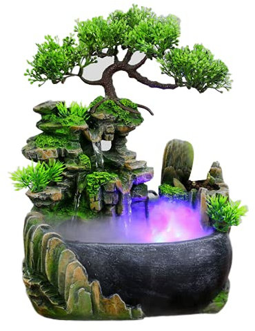 Simulation Steingarten Wasserfall Desktop Brunnen Bonsai Aquarium Desktop Ornament Home Decor Grünpflanze Geschenk mit bunten Licht(Zerstäubungseffekt EU Stecker 220V)