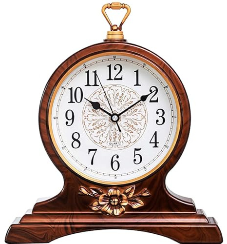 rnuie Desk Clock for Table Decor, Retro Mantel Clock Battery Operated for Fireplace Mantel, Living Room, Bedroom, Office, Desktop Decoration(Second Brown)