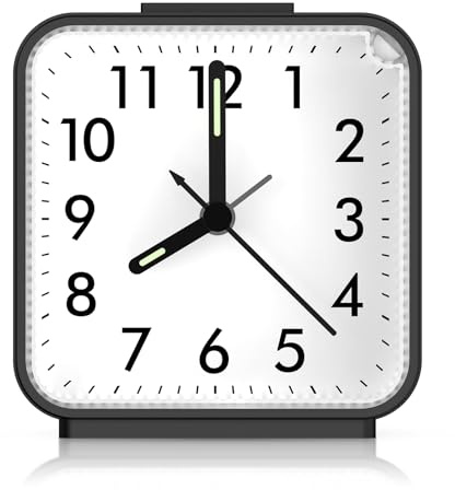 AMIR Analog Alarm Clock, Silent Non Ticking Small Clock, Travel Alarm Clock with Snooze & Light, Ascending Beep Sounds, Battery Operated Loud Alarm Clock for Bedroom, Bedside, Desk (Black)