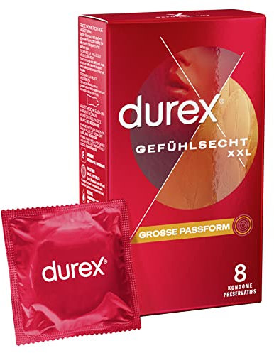Durex Gefühlsecht XXL Kondome – Dünne Kondome mit großer Passform & mit Silikongleitgel befeuchtet – 8er Pack (1 x 8 Stück)