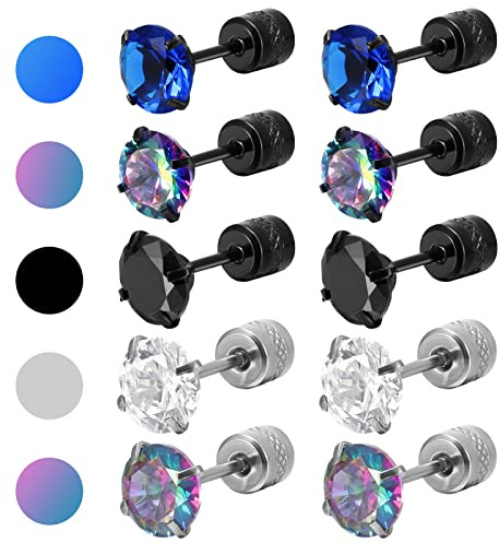 Firtink 5 Pair Titanium Stud Earrings for Men Women Screw Back Surgical Steel Earrings Hypoallergenic Rainbow 5A Cubic Zirconia Ear Studs
