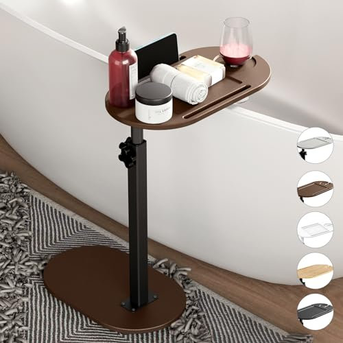 Yumkfoi Bamboo Bathtub Tray Table with Adjustable Height, Freestanding Bath Caddy Side Table for Tub Against Wall, Tub Shelf with Wine Glass Phone Holder, Gift for Women/Men - Patent Protected (Brown)