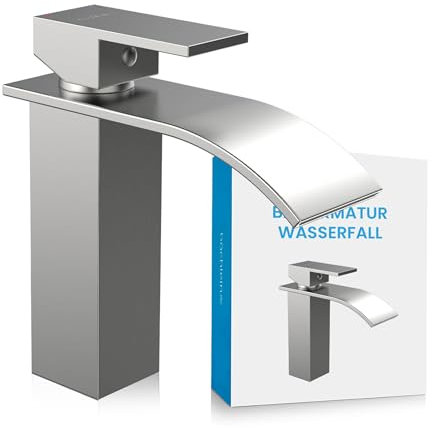 Bächlein Badarmatur Tamina in Wasserfall-Design, Einhebelmischer mit langlebiger Keramikkartusche und Montage-Set, Bad Wasserhahn Edelstahl