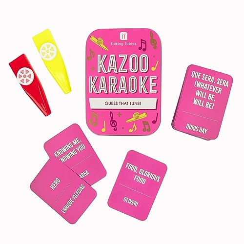 Talking Tables Karaoke Kazoo Guess The Song Travel Game | Divertente quiz musicale tascabile per la famiglia da suonare | Confezionato in una robusta custodia di latta regalo o in una calza di Babbo