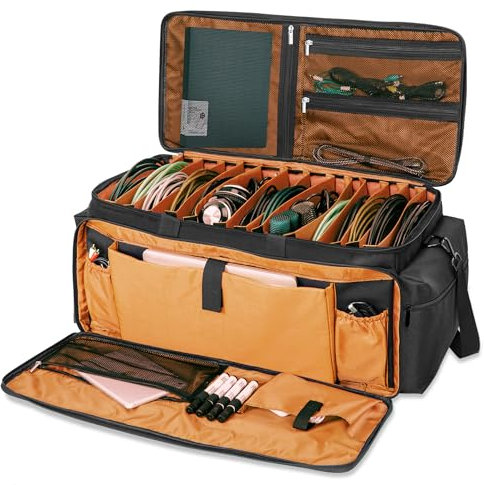 AKOZLIN Cable File Bag with Detachable Dividers, DJ Gig Bag Cord Organizer Case for Laptop,DJ Gear, Sound Instrument and Music Equipment Accessories Black Orange