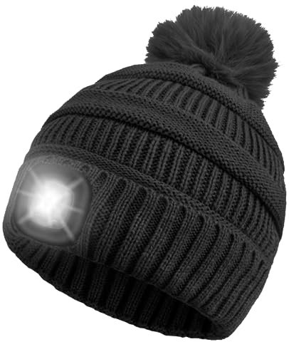 Mütze mit Led Licht Kinder, USB Wiederaufladbare Strickmütze mit 4 LED Licht, Winter Wärmer Beleuchtete Mütze mit Taschenlampe Weihnachten Festival Geschenke für Jungen und Mädchen - Schwarz
