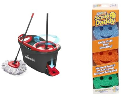 Vileda Turbo 3 in 1 with Microfibre Pad, Spin Mop For Cleaning Floors & Scrub Daddy Colors, Sponge Scrubber Multipack, Dish Sponges for Washing Up, Texture Changing Non Scratch Scourers