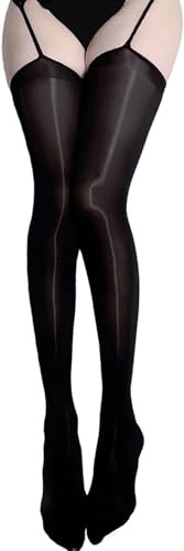 THSCWY Medias sexys para mujer, con tirantes, transparentes, hasta el muslo, brillantes, con liguero, color negro, blanco y rojo, Negro -, Talla única