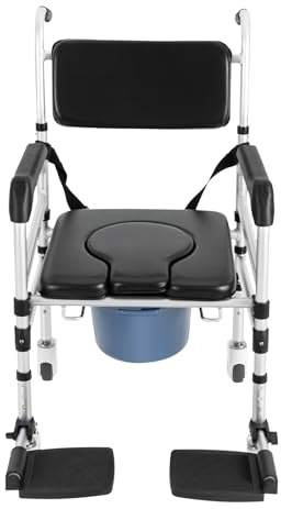 KANBCNG Silla de ducha con ruedas, altura regulable, silla de inodoro para personas mayores con ruedas, silla de ruedas con asiento de ducha, silla de inodoro plegable con cubo de orina, silla de