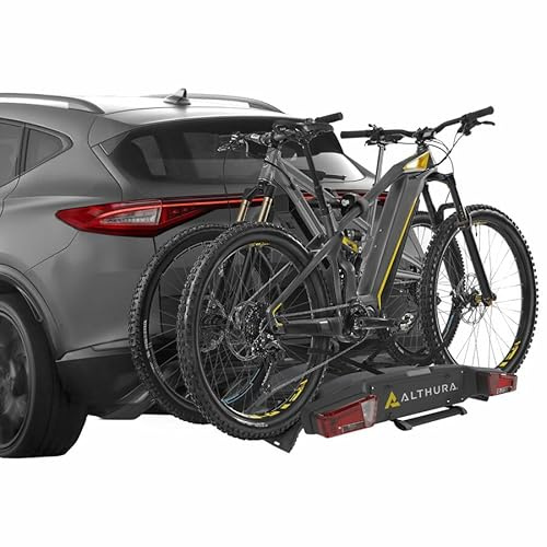 Althura Portabici da Gancio Traino Alpen EVO per 2 E-Bike, Basculante con Pedale, Aggancio Rapido e Doppio Antifurto, Carico Massimo 60kg, 13 Poli