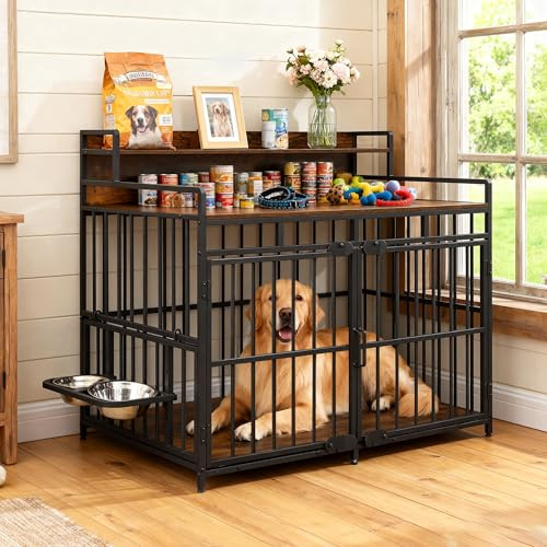 FEONASE Large Dog Crate with Storage, Dog Crate Furniture with 360° & Adjustable Raised Feeder, Heavy Duty Dog Cage large Steel & Waterproof, Brown