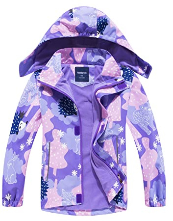 NATUST Girls Fleece Lined Raincoat Waterproof Jackets With Removable Hood Kids Active Jacket Hedgehog 11-12 Years